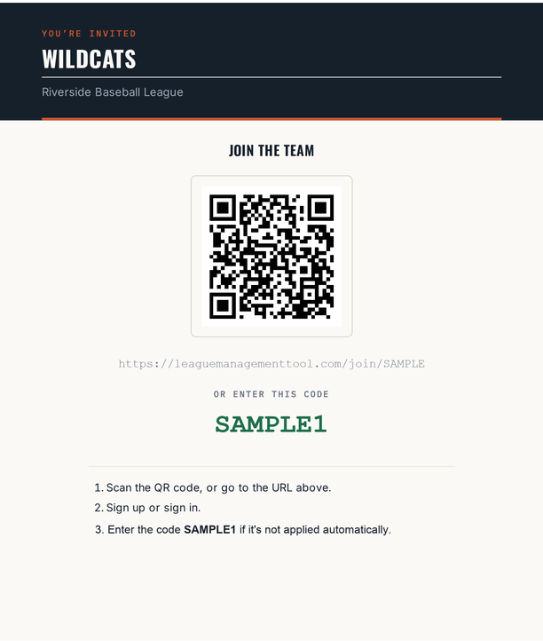 Printable invite flyer with a QR code and join code for parents to join a team