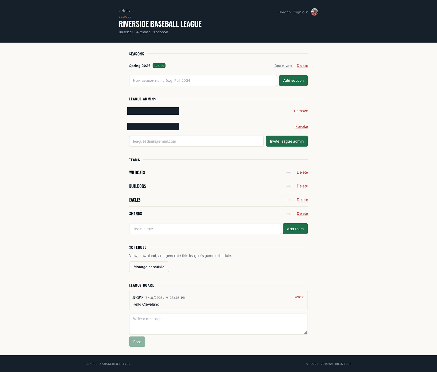 A populated league page showing seasons, league admins, teams, schedule link, and league message board