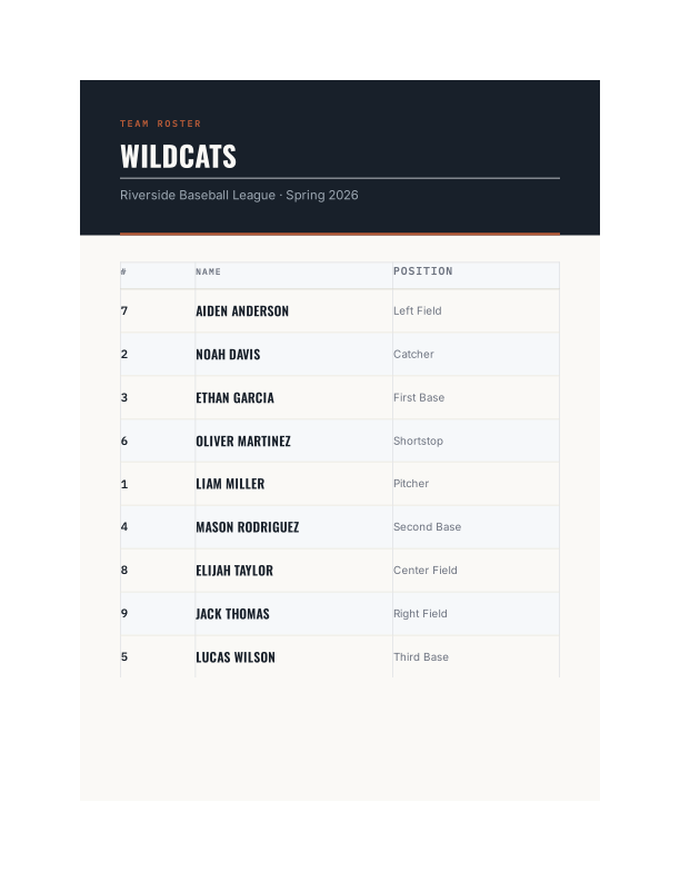 Exported team roster PDF, listing jersey number, name, and position for every player