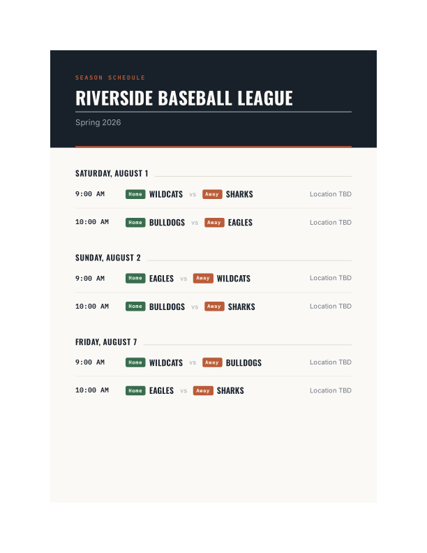 Exported season schedule PDF, grouped by date with home and away teams marked