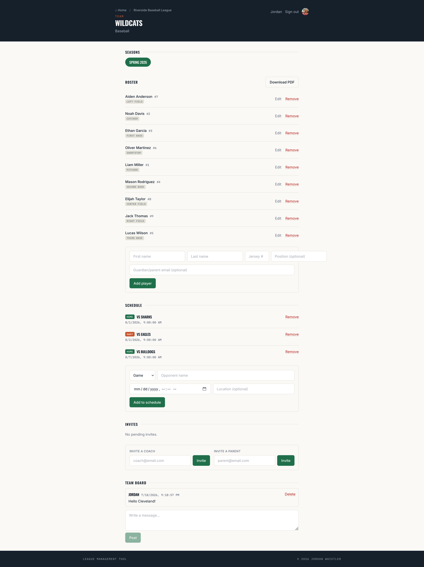 A populated team page showing the roster with jersey numbers and positions, schedule, invites, and team message board